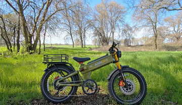 An olive green Aniioki A8 Pro Max electric bike featuring a central integrated in-frame battery placement, parked on dry leaves in front of a lush green grass field and sunny trees.