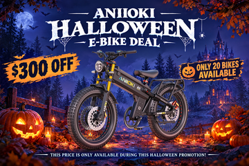 Exclusive Halloween E-Bike Deal offering $300 off on the black Aniioki A9 Pro Max 2.0 fat tire long range electric bike