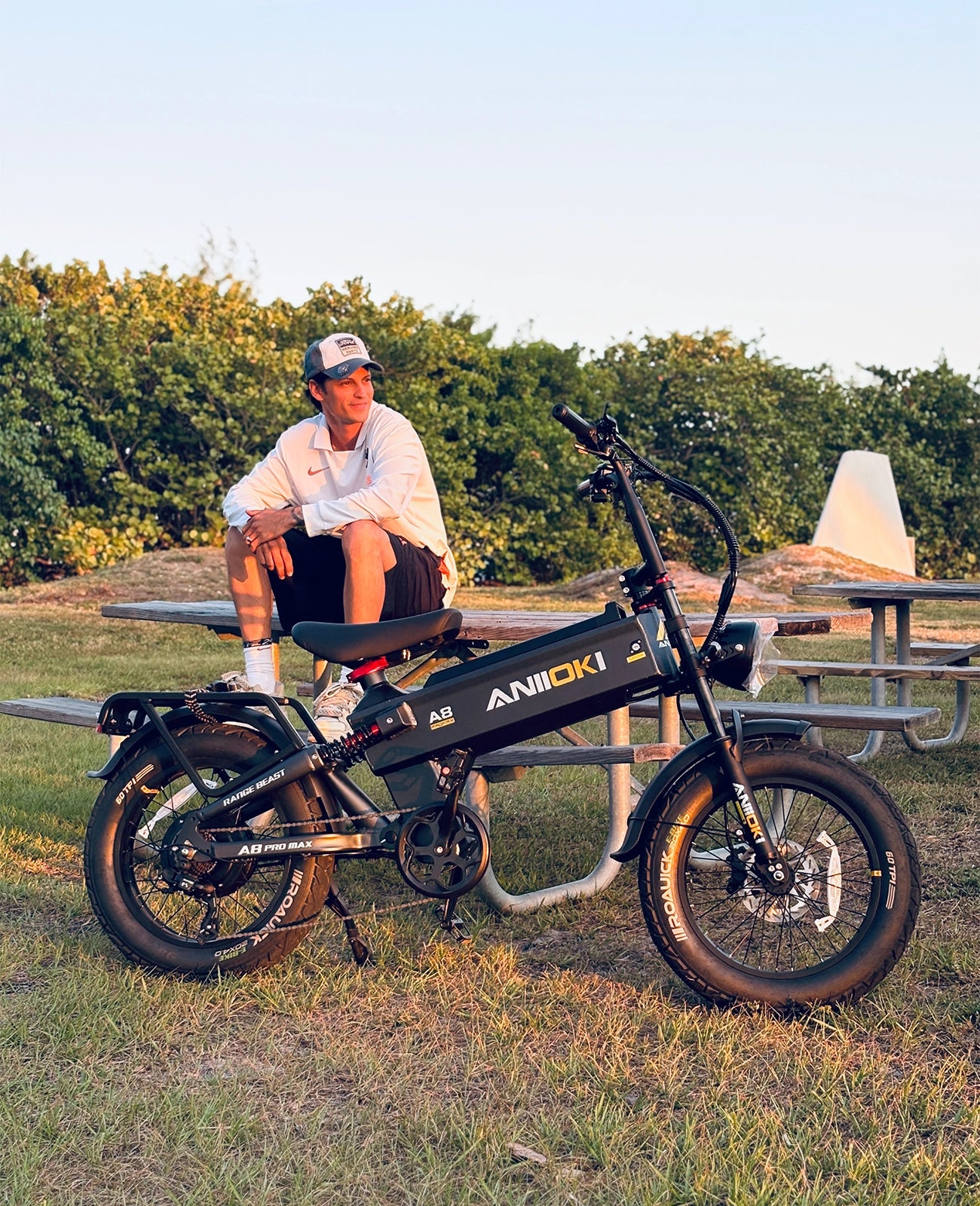 Side view of the Aniioki A8 Pro Max folding electric bike showing the rear rack