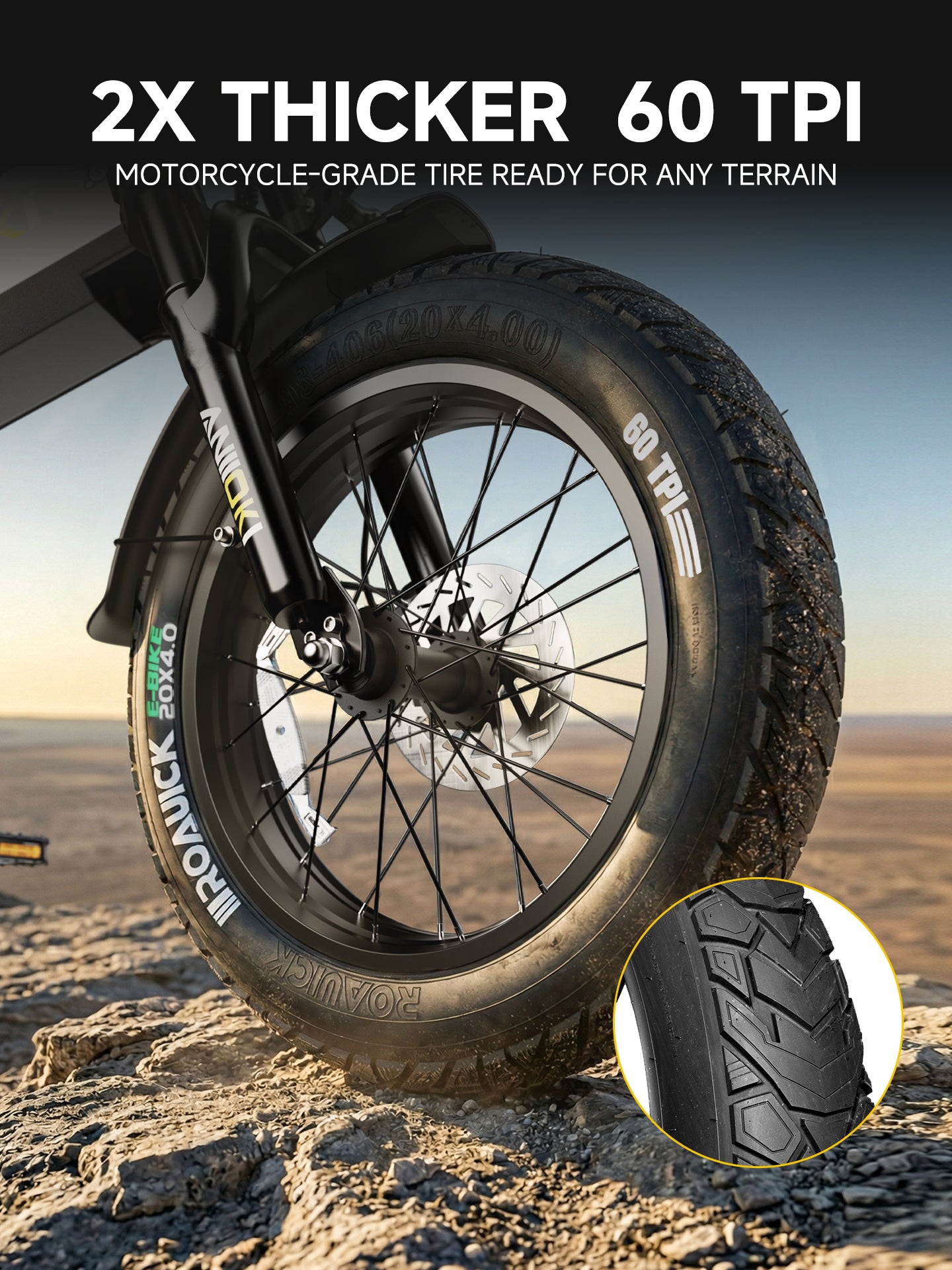Aniioki A8 electric all terrain fat bike for adults featuring 2X thicker 60 TPI motorcycle-grade tires ready for sand, snow, and rugged trails.