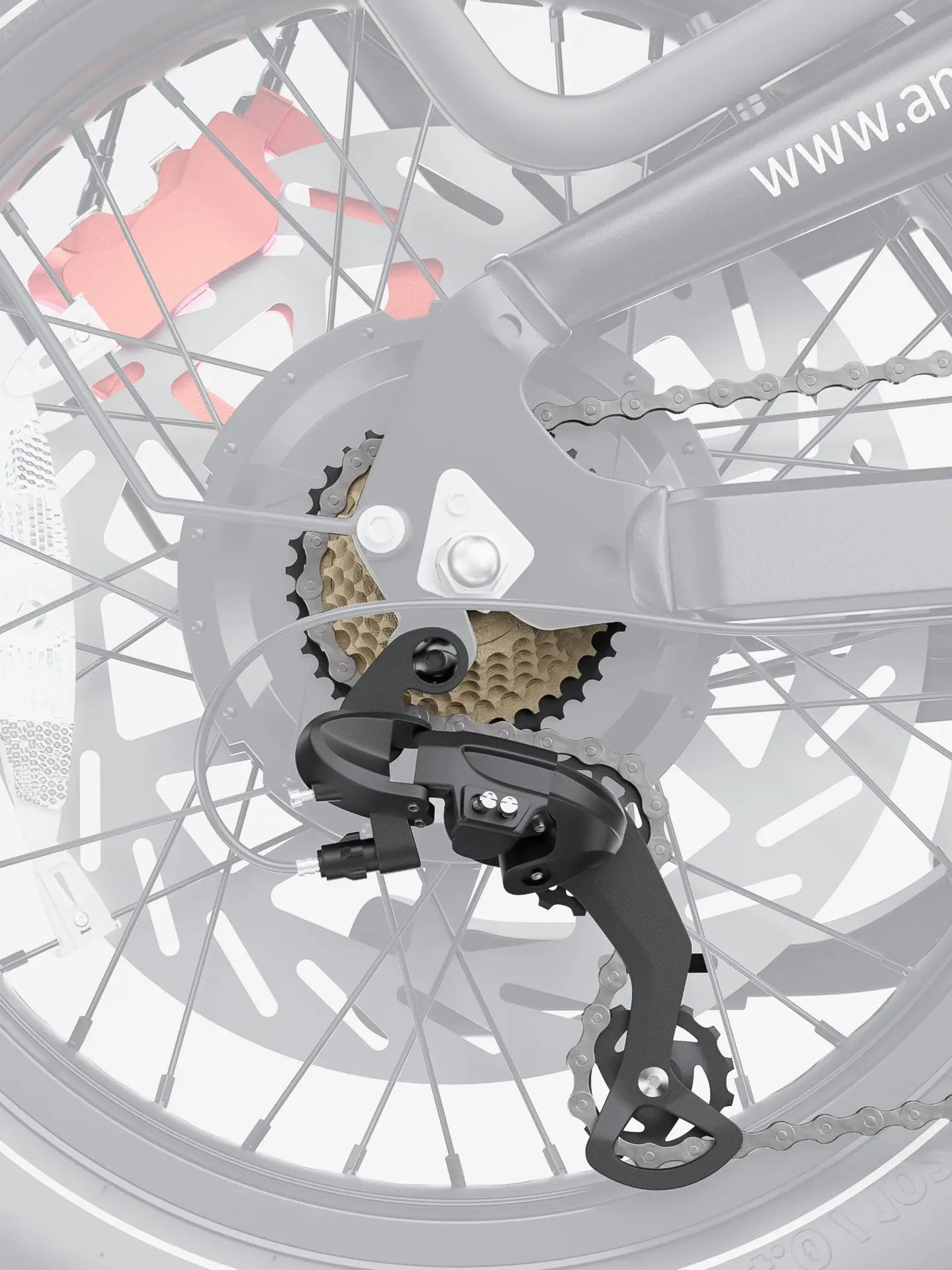 Precision Shimano 7-speed derailleur on the Aniioki A8 Pro Max 52V, optimized for a high performance e-bike experience on any terrain.