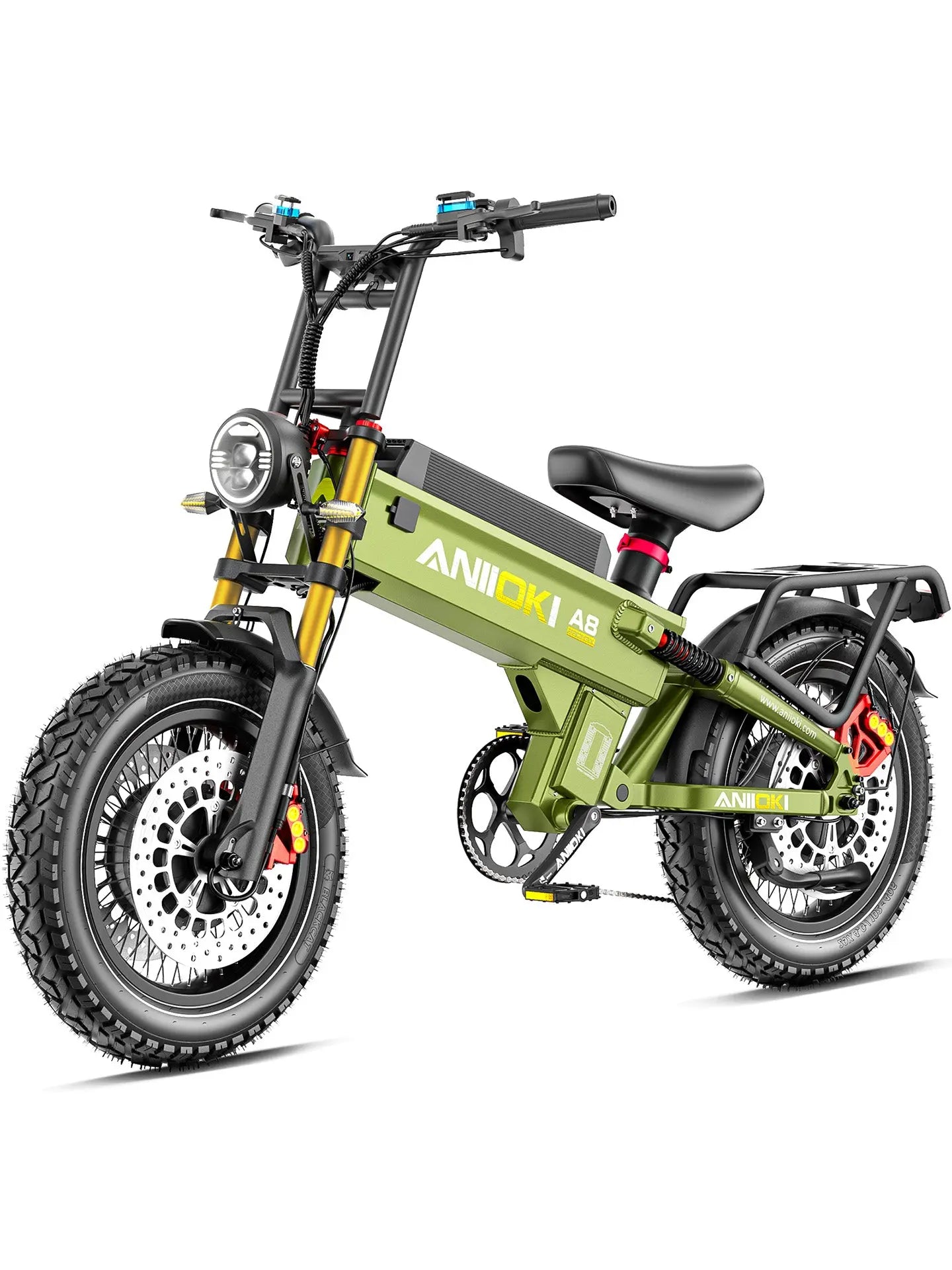  Product photo of an army green Aniioki A8 Pro Max 60V dual motor ebike, featuring a classic touring design and 6000w dual motor electric bike power.