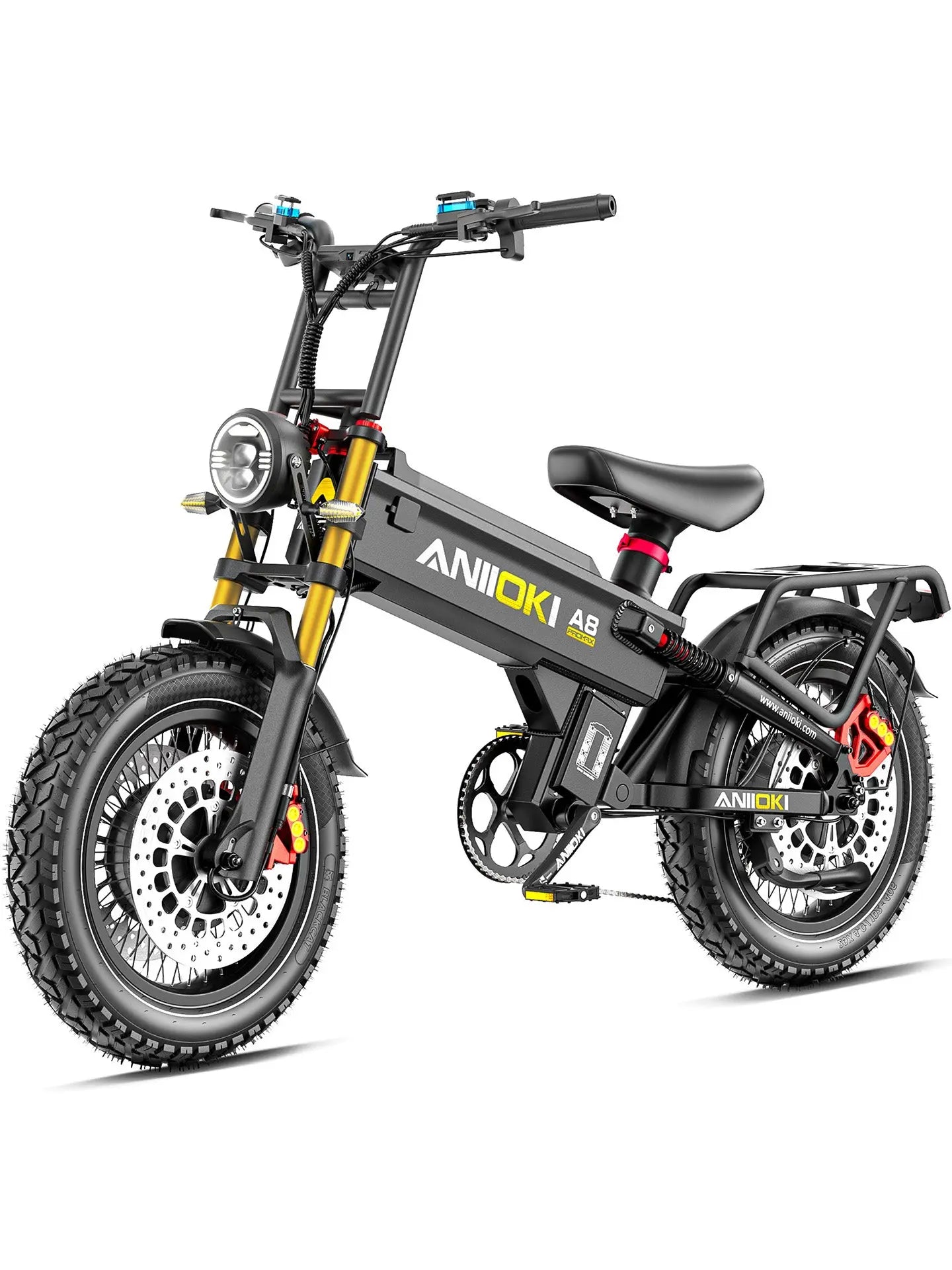 Side view of a matte black Aniioki A8 Pro Max 60V dual motor ebike, highlighting this advanced electric dual motor bike.
