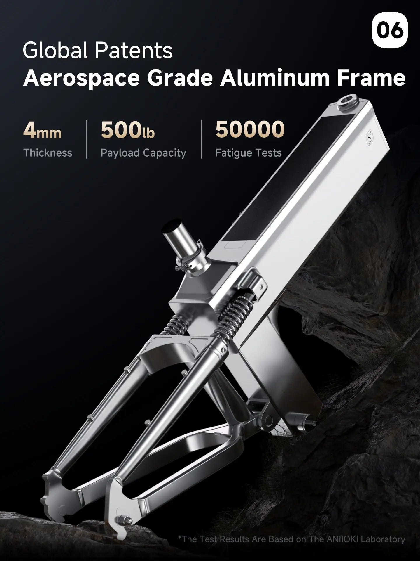 Aerospace grade aluminum frame of Aniioki A8 Pro Max supporting 500lb payload, perfect for heavy-duty affordable ebike needs.