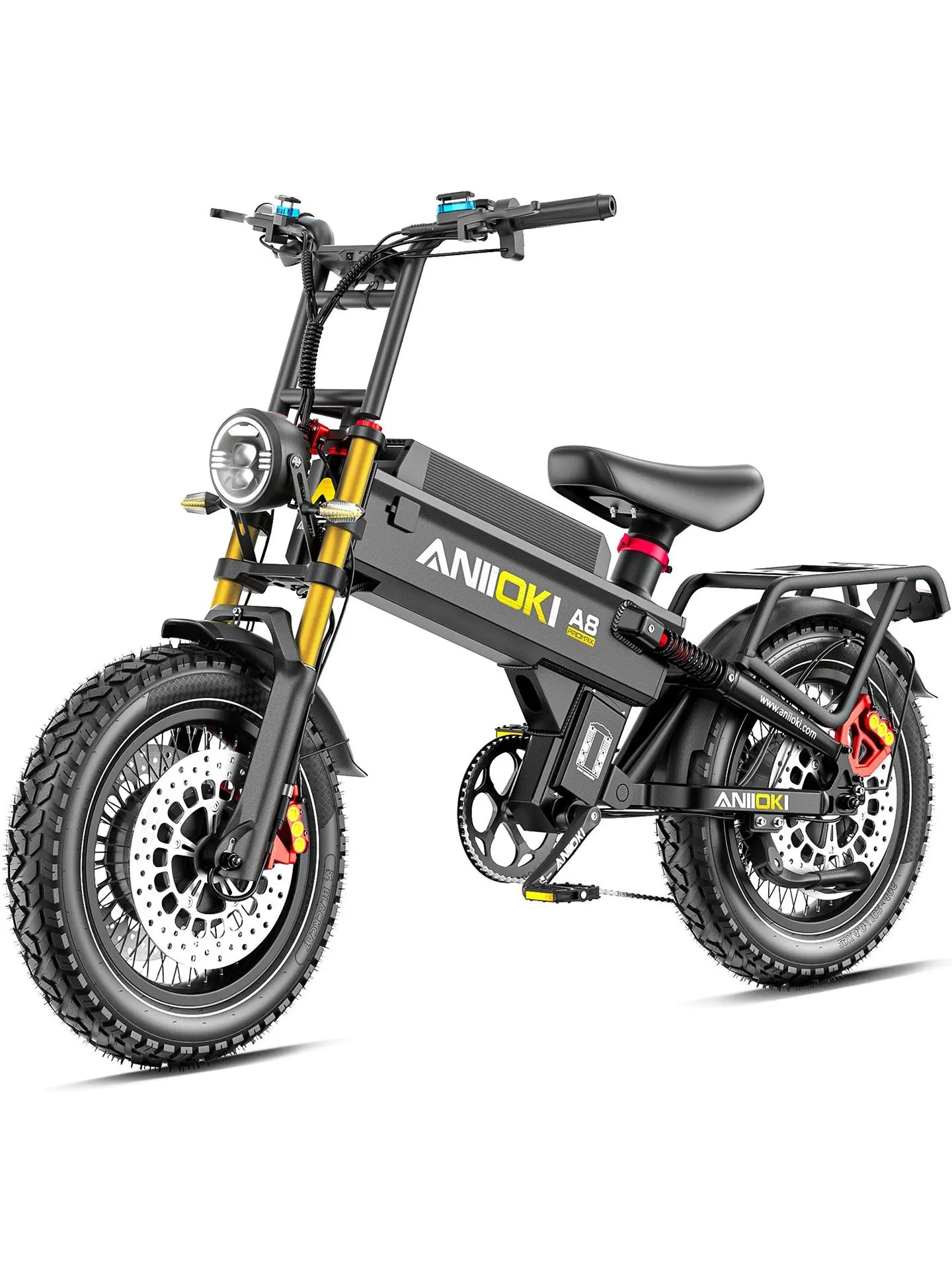 A side view of a matte black Aniioki A8 Pro Max dual motor, emphasizing the thickened wide tires and puncture-resistant tires designed for heavy-duty all-terrain riding.