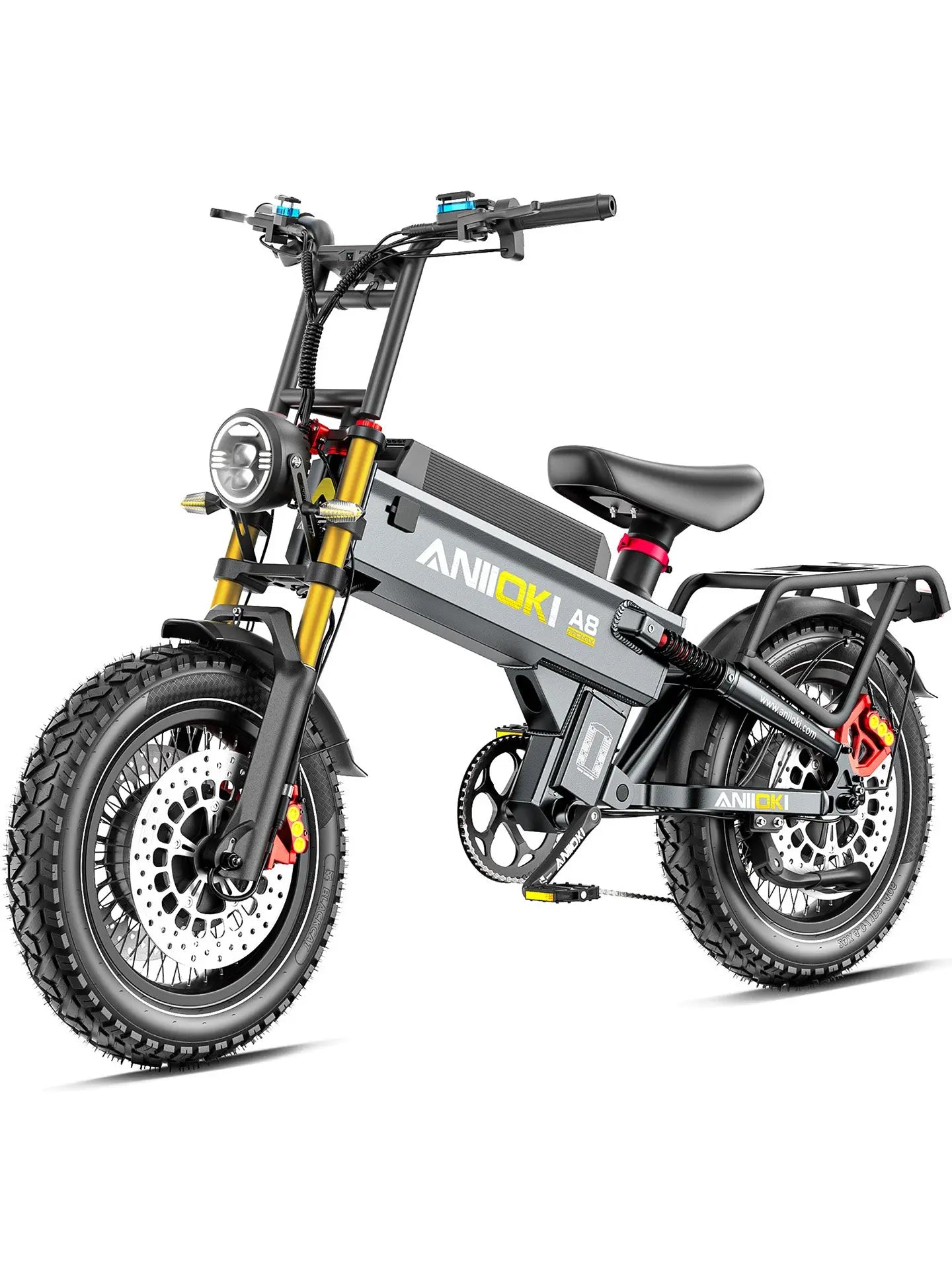Studio shot of a matte gray Aniioki A8 Pro Max dual motor ebike, showcasing the clean lines and optimized construction of this heavy-duty ebike.