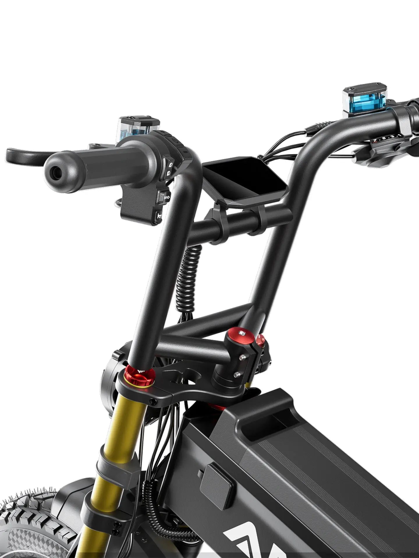 Robust dual suspension 20 x 4.0" fat tire ebike handlebar setup of the Aniioki A8 Pro Max, showing the hydraulic fluid reservoir and heavy-duty triple clamp.