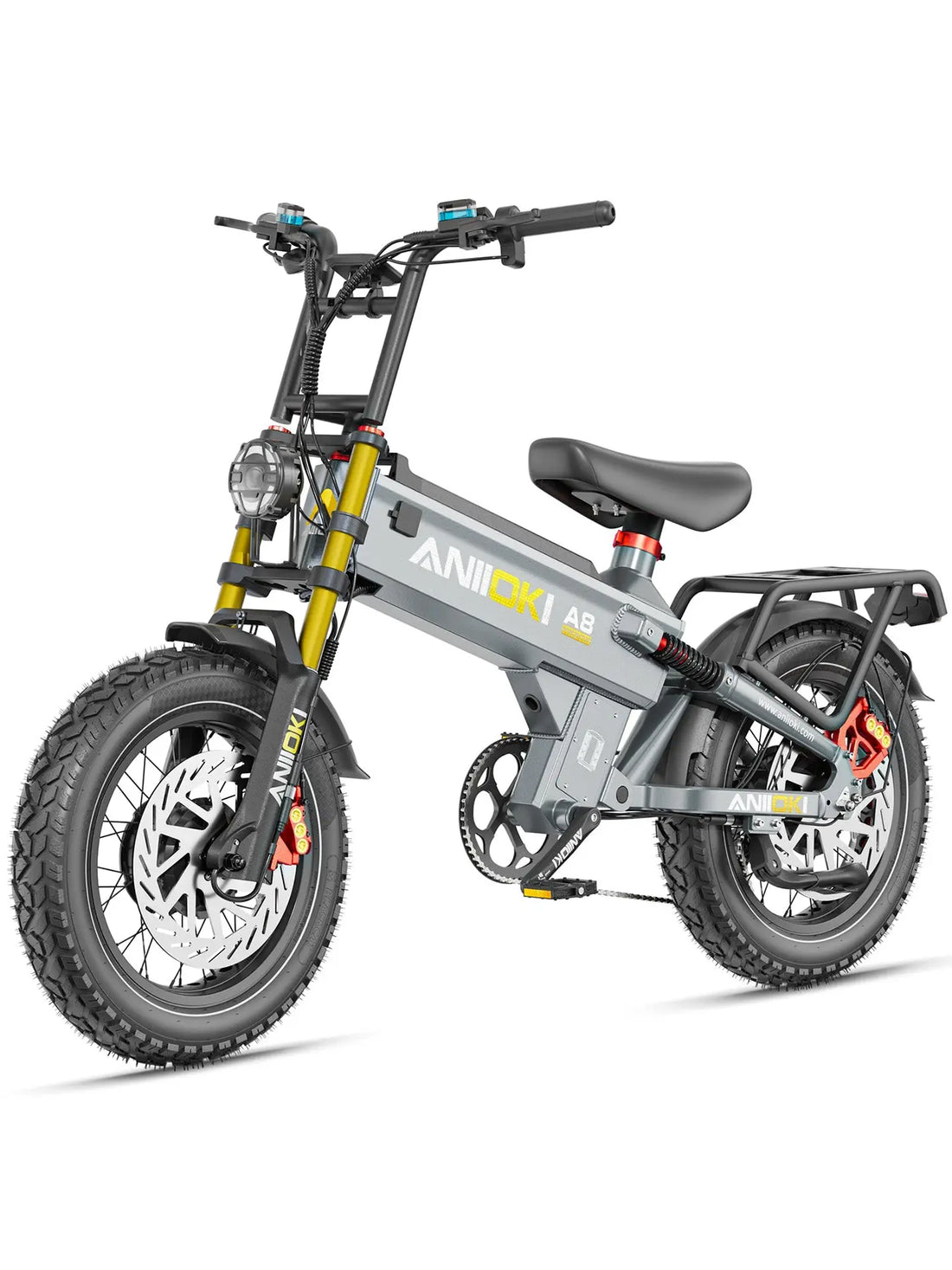 This gray Aniioki A8 Pro Max ebike is featured for its power, recognized as the best ebike for steep hills with 230 N.m Max Torque and high torque electric bike performance.