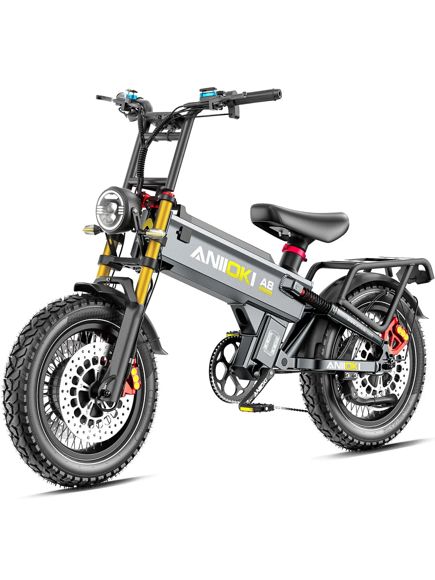 Side angle of a matte gray Aniioki A8 Pro Max dual motor, highlighting the optimized disc brake clearance and rigid front fork for enhanced performance on this dual motor ebikes model.