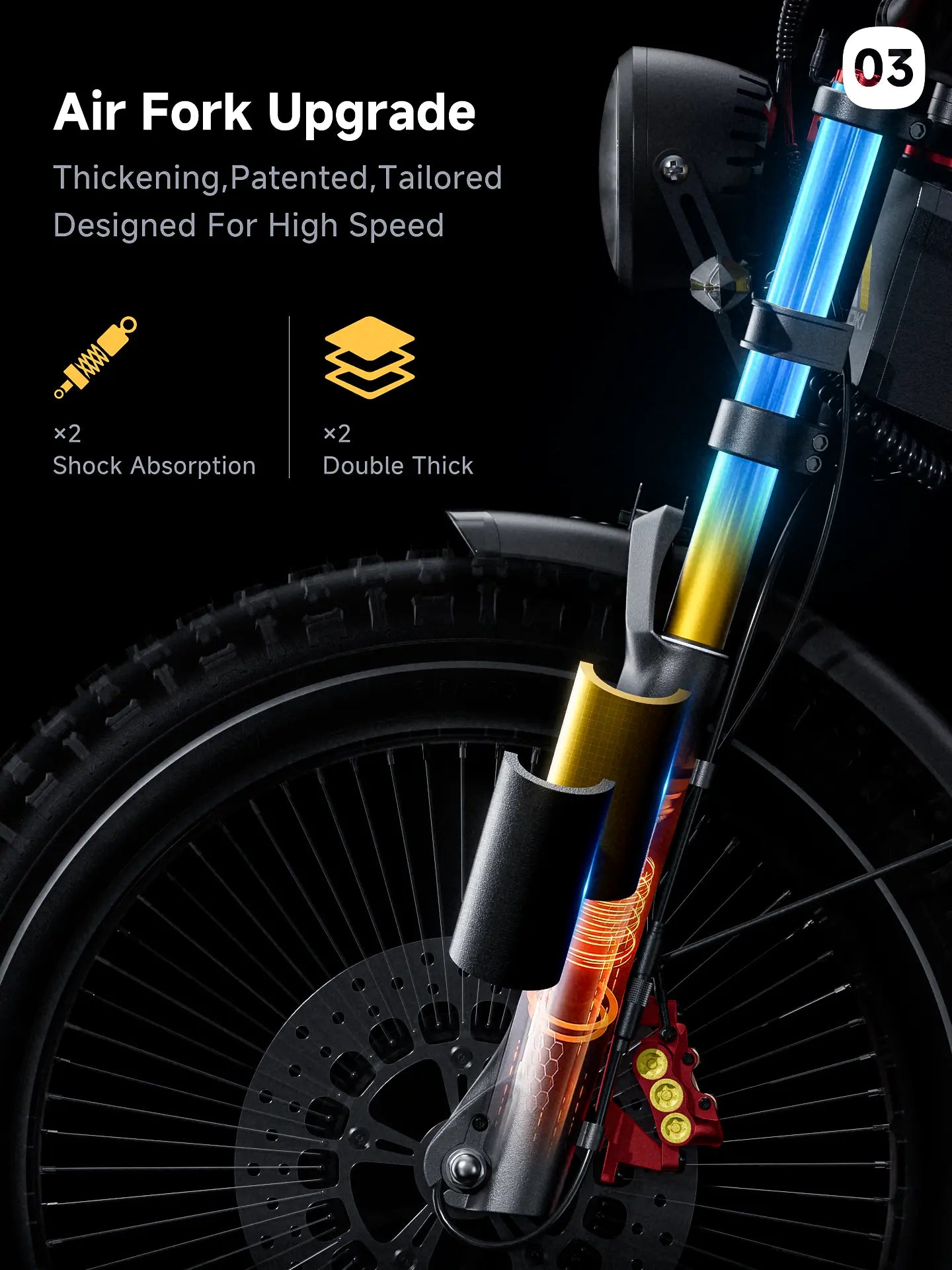 Thickened patented air suspension fork for Aniioki A8 Pro Max, designed for high-speed stability on 6000w dual motor electric bikes.