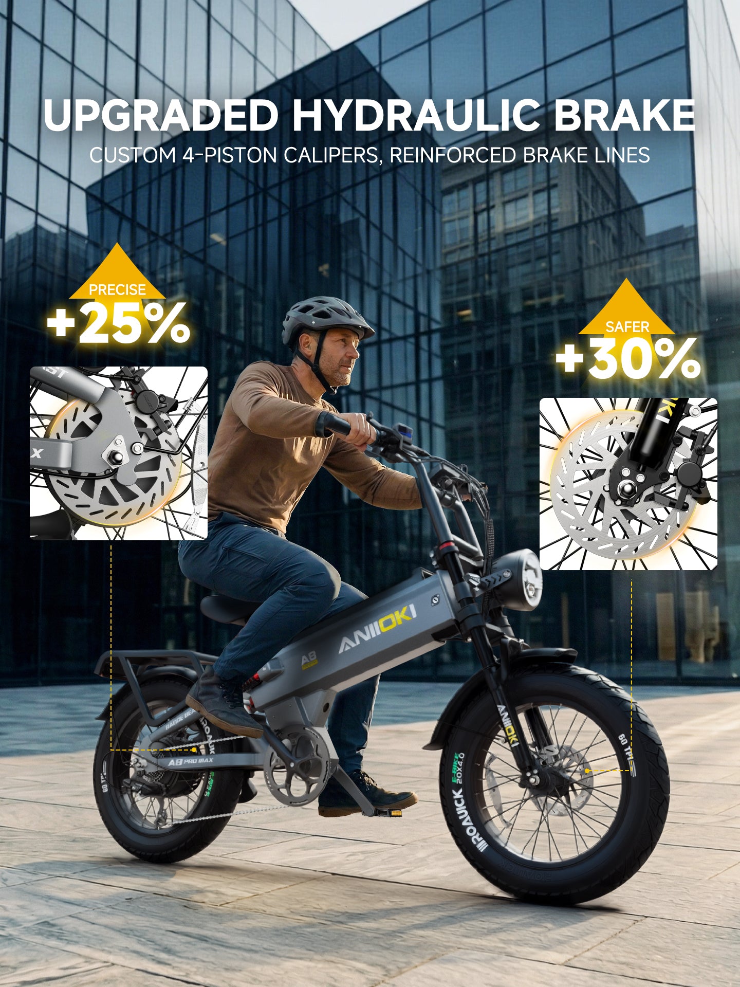 Upgraded hydraulic disc brakes on Aniioki A8 Pro Max electric bike, using custom 4-piston calipers for 30% safer and more precise braking.