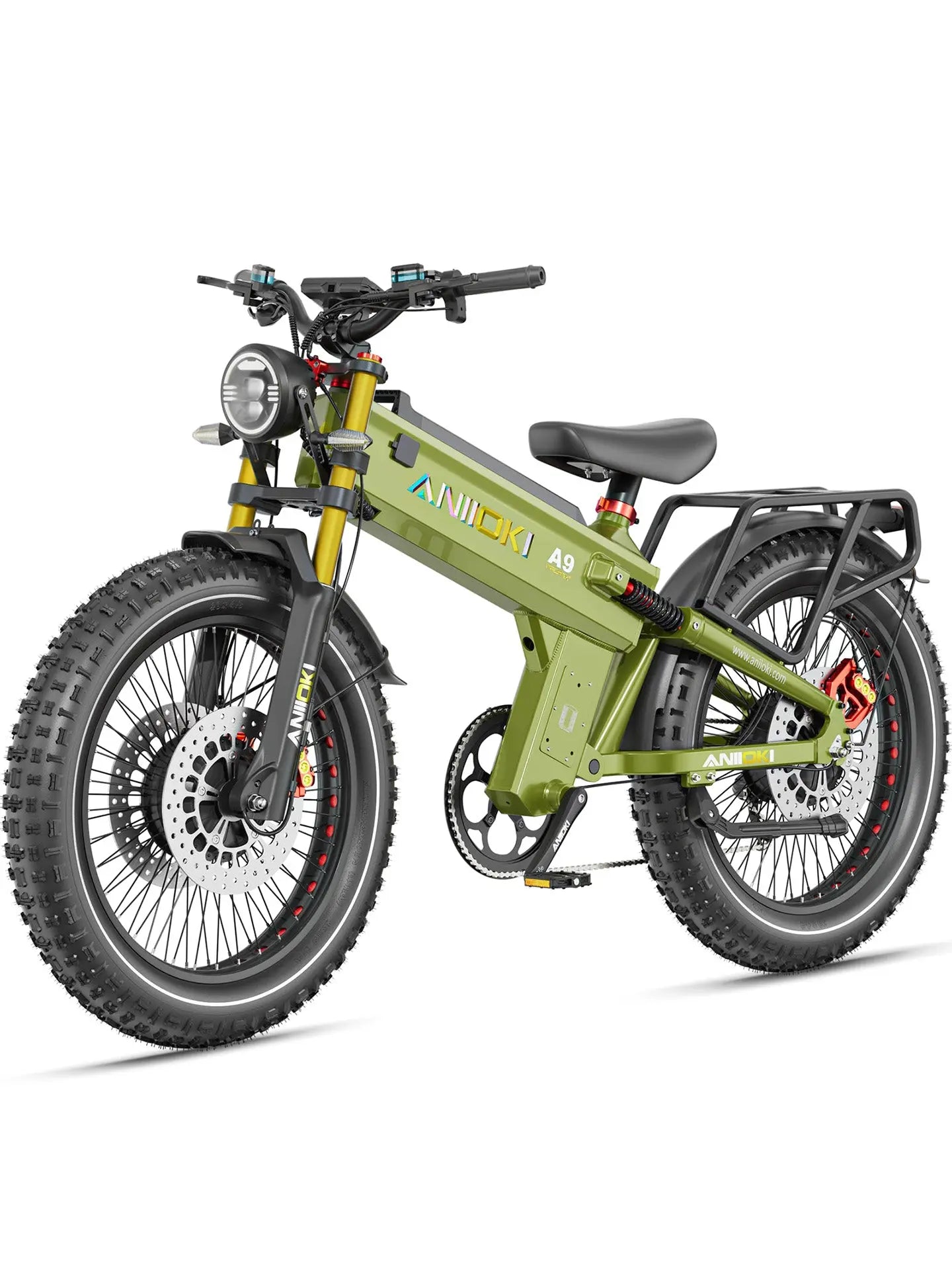 Aniioki A9 Pro Max 60V 70Ah off-road ebike in army green, a long range heavy-duty electric bike built for tough terrains.
