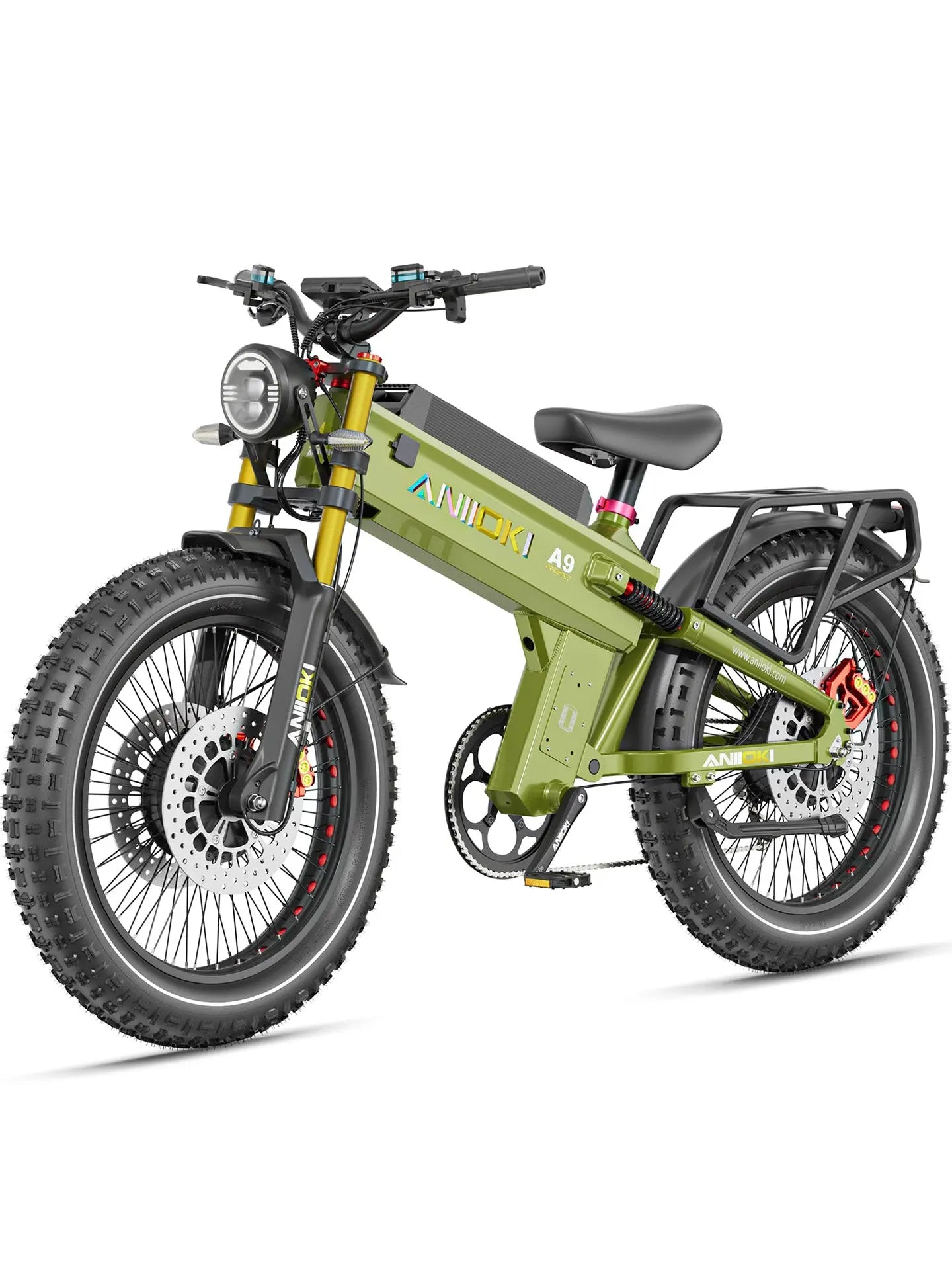 Aniioki A9 Pro Max 60V 80Ah off-road ebike in army green, a long range heavy-duty electric bike built for tough terrains.