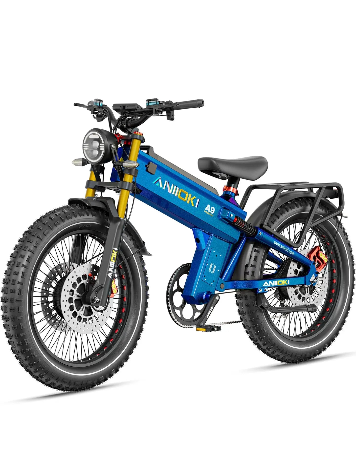 Aniioki A9 Pro Max 70Ah electric mountain bike in deep blue, featuring dual motors for superior off-road ebike performance.