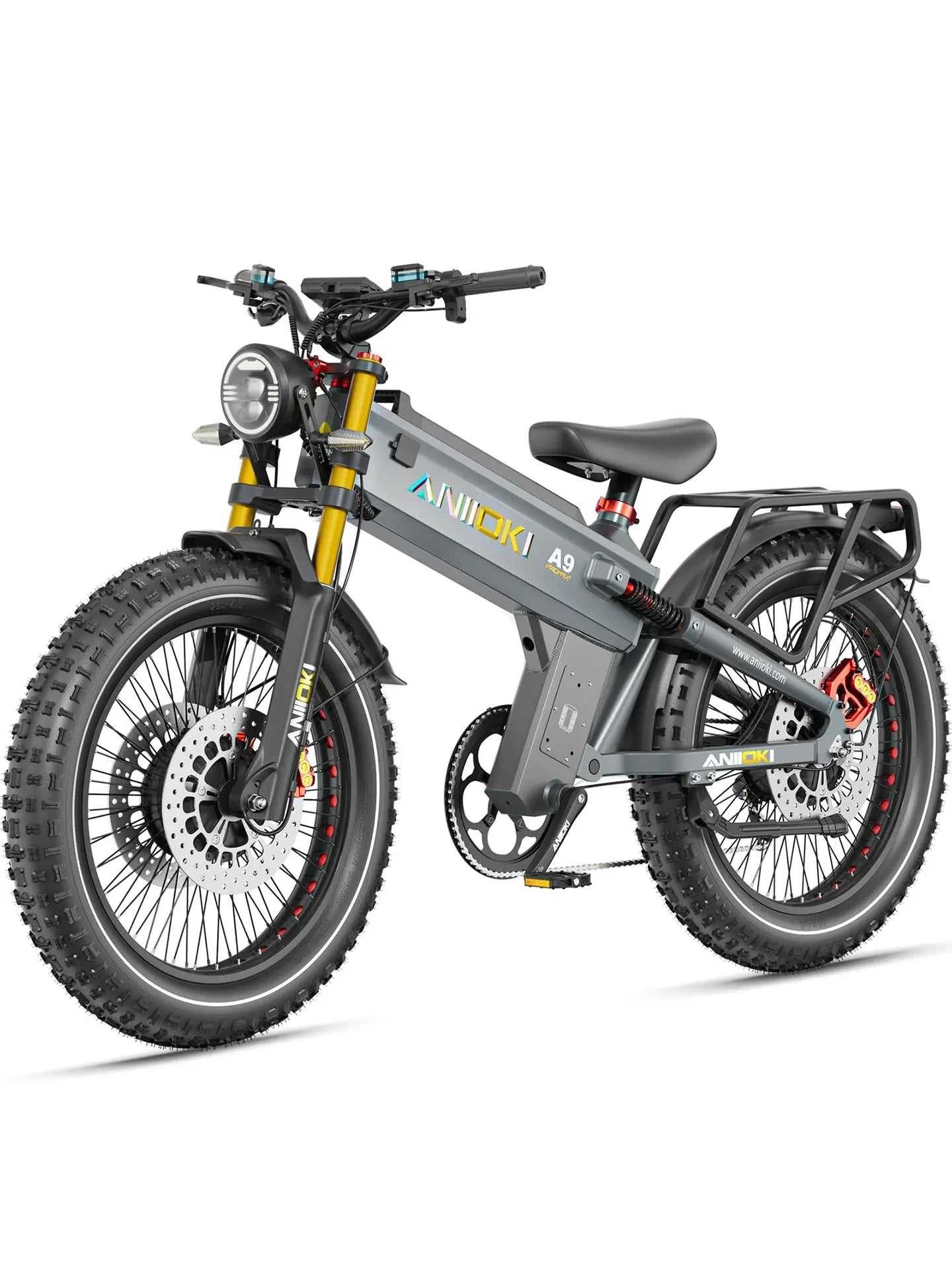 The gray Aniioki A9 Pro Max 70Ah electric mountain bike, engineered for long range adventures with its massive battery capacity.
