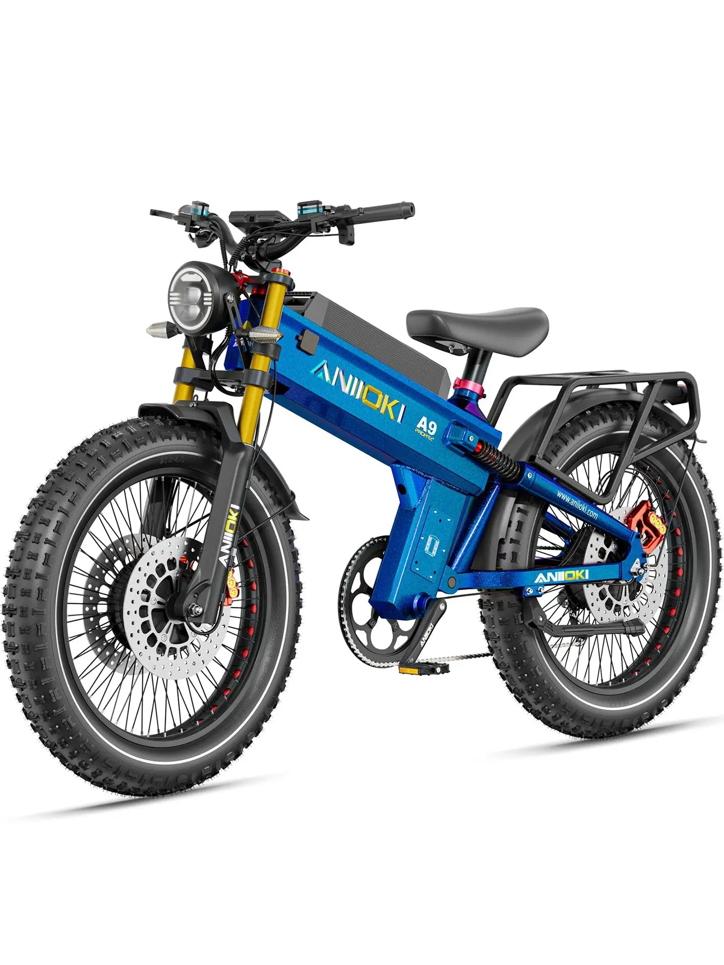 Aniioki A9 Pro Max 80Ah electric mountain bike in deep blue, featuring dual motors for superior off-road ebike performance.
