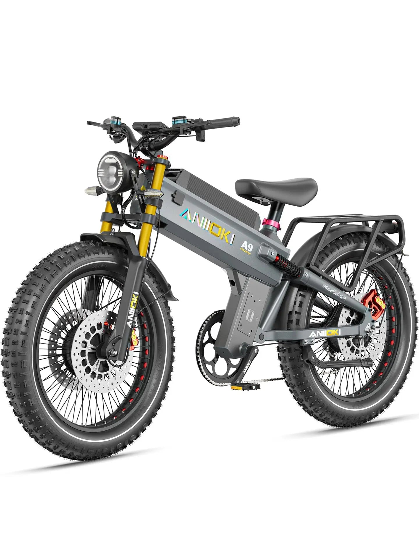The gray Aniioki A9 Pro Max 80Ah electric mountain bike, engineered for long range adventures with its massive battery capacity.