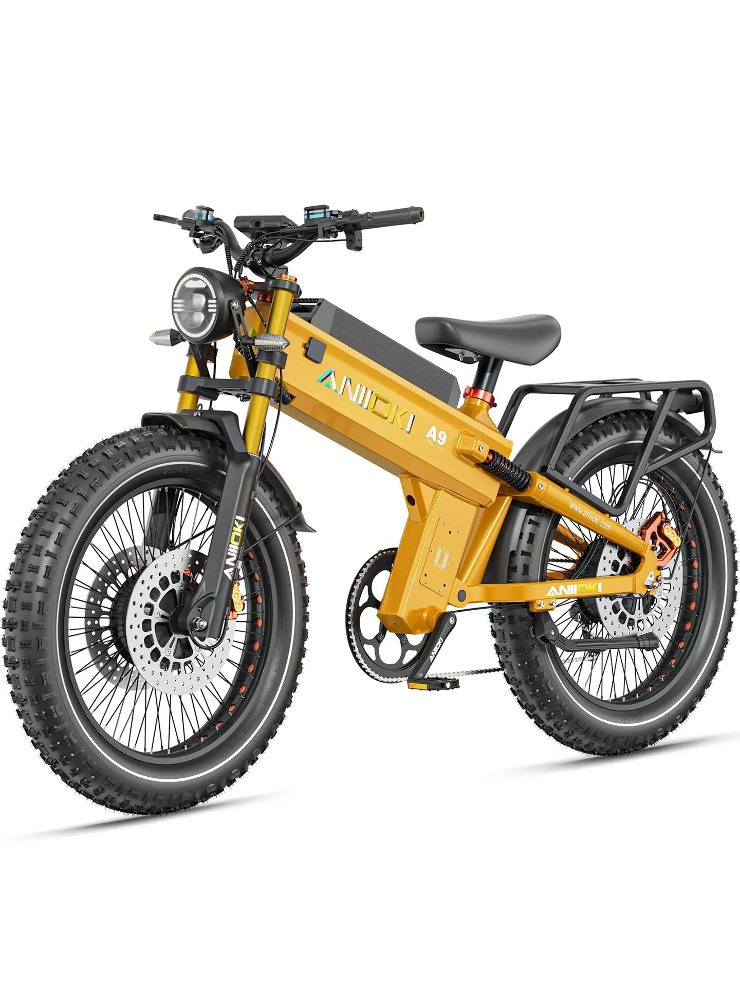 Vibrant yellow Aniioki A9 Pro Max 80Ah heavy-duty ebike with 60v dual motor, providing unmatched power and stability.