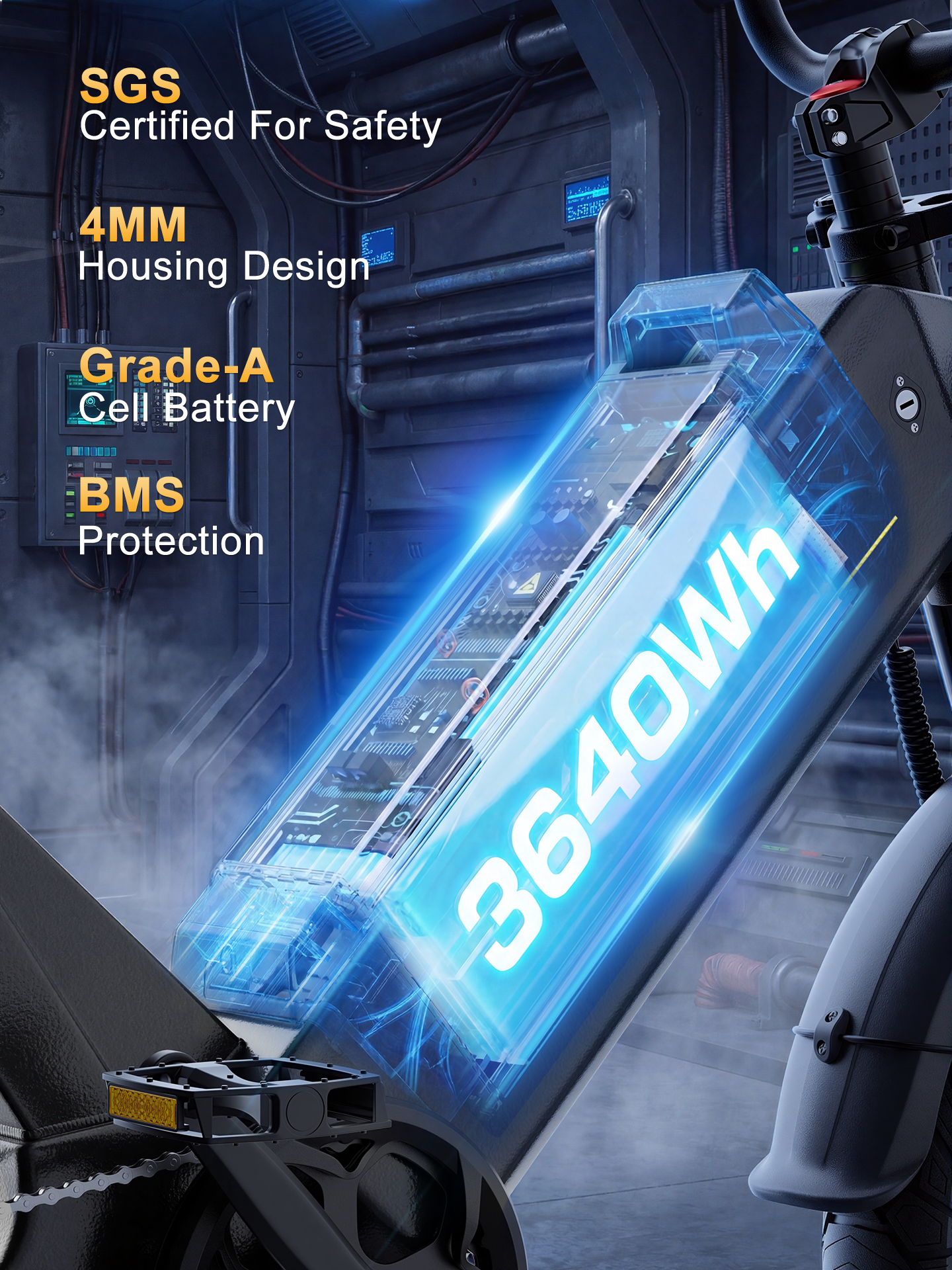 Technical internal view of the Aniioki AQ177 Pro Max 3640Wh battery pack. Highlighting the SGS certified safety, 4mm housing design, Grade-A cells, and advanced BMS protection for long-lasting energy and reliability.