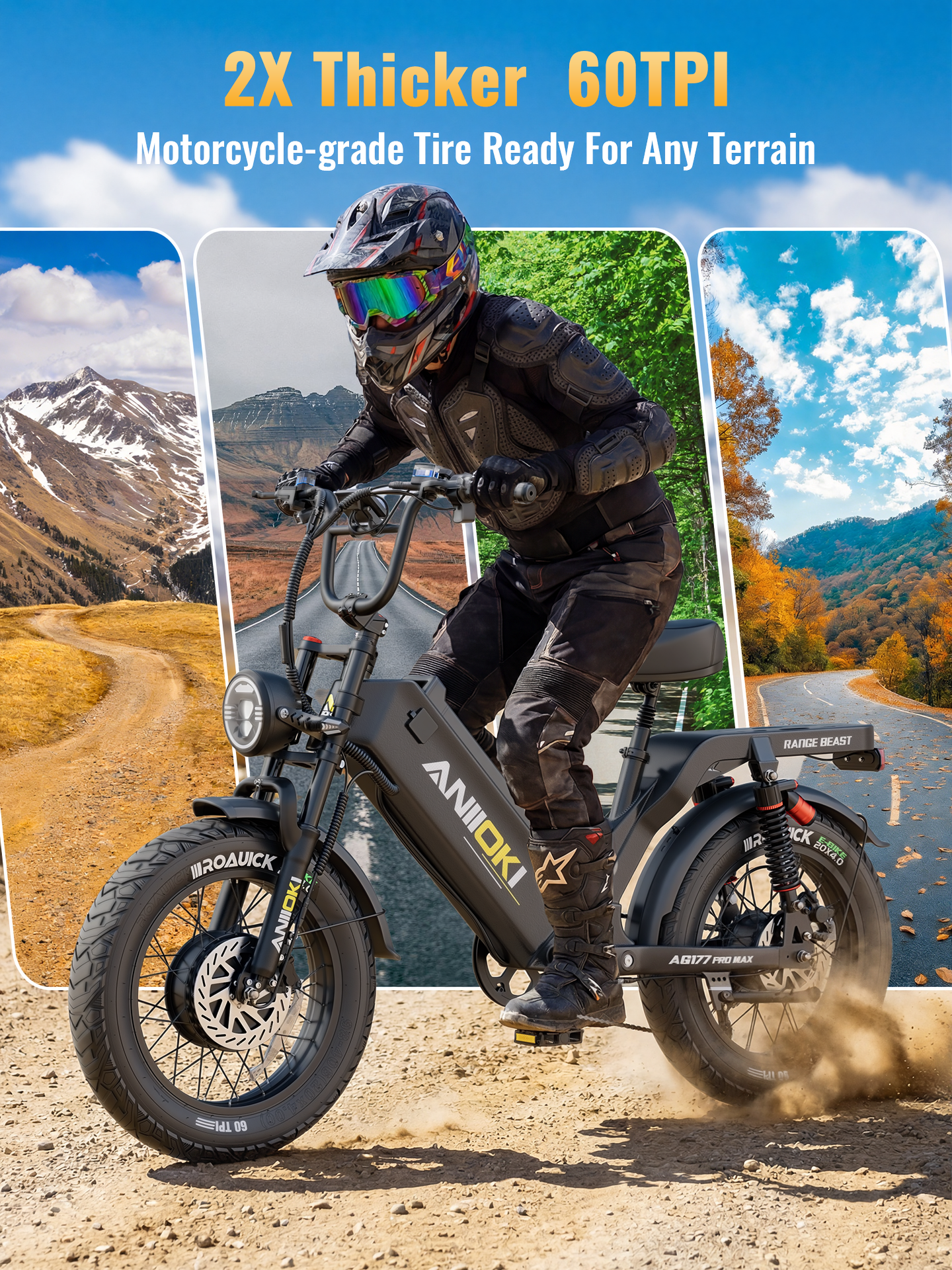 A rider on the Aniioki AQ177 Pro Max AWD ebike tackling off-road terrain. The bike features 2X thicker 60TPI motorcycle-grade tires designed for durability and grip on any terrain, from mountains to paved roads.