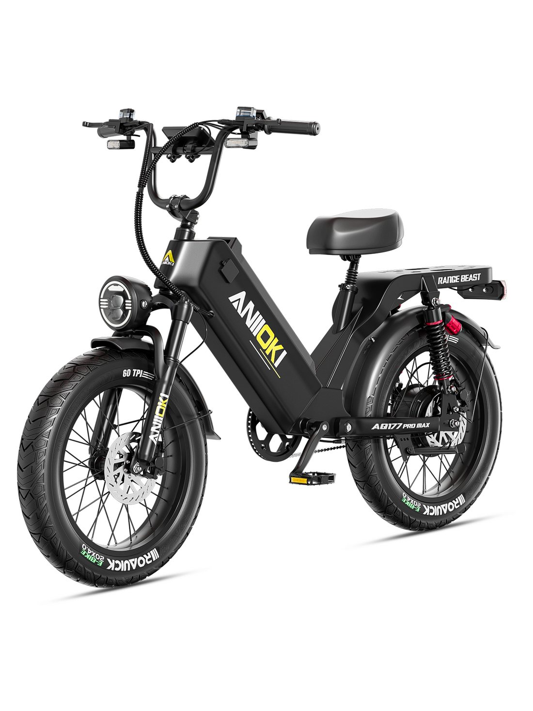 Aniioki AQ177 Pro Max universal fit ebike in black, designed to comfortably fits riders 5'3" - 6'5" with its ergonomic frame.