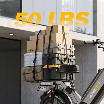 Heavy-duty rear cargo rack on the Aniioki AQ177 60V long range ebike, built to carry 50+ lbs of packages and delivery boxes securely.